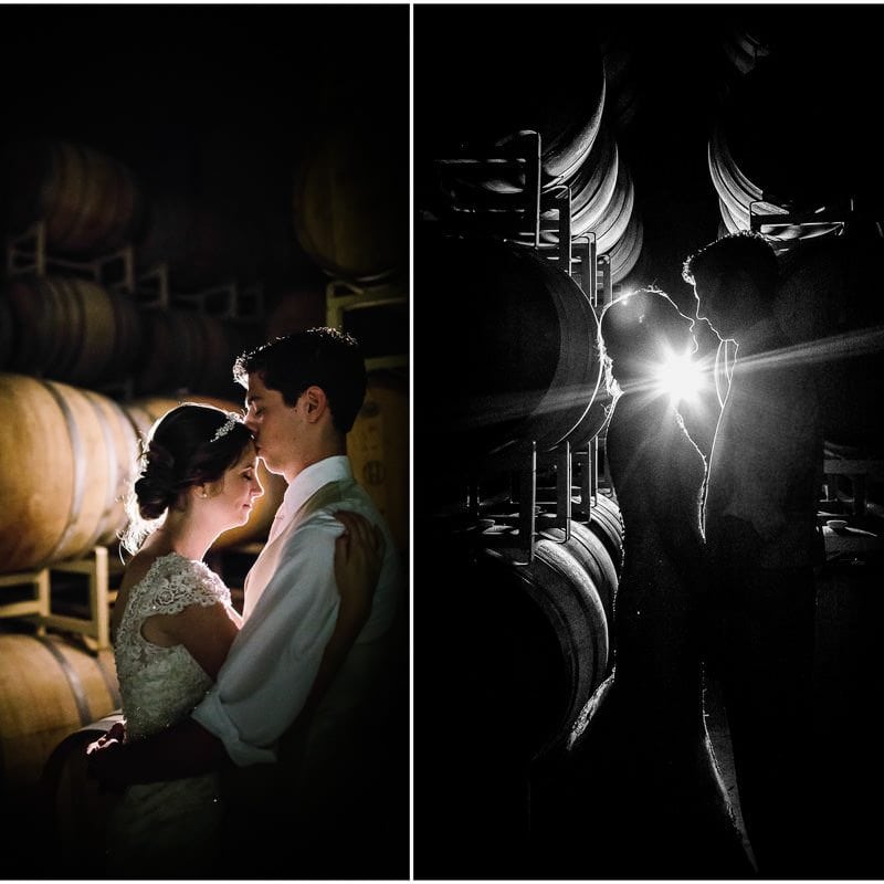 Night photo of Bride and groom in barrel room of distillery