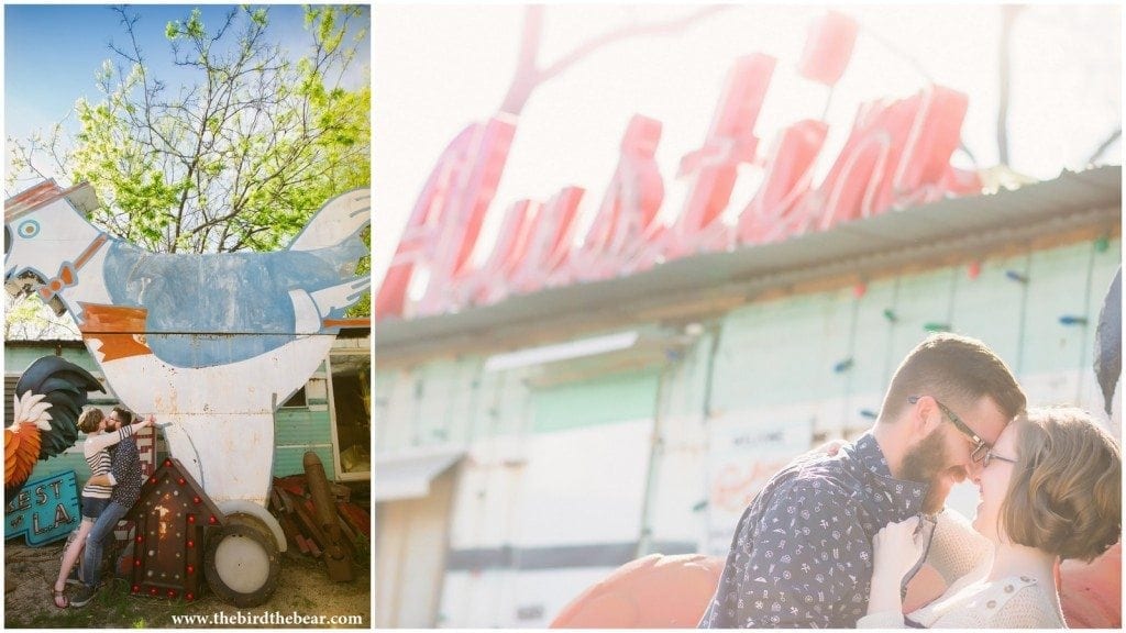 A couple kisses in front of the giant rooster at Roadhouse Relics in Austin, Tx.
