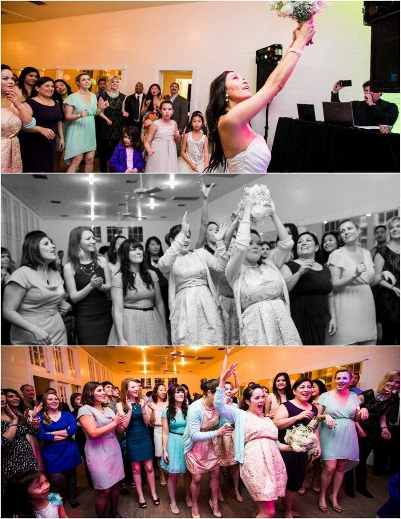 Bride tosses the bouquet to bridesmaids during her wedding reception at Star Hill Ranch in Austin, TX.