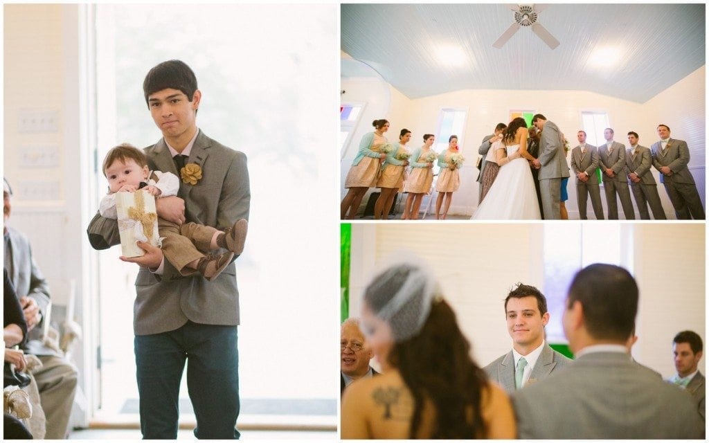 Wedding party prays together during a wedding ceremony at Star Hill Ranch.