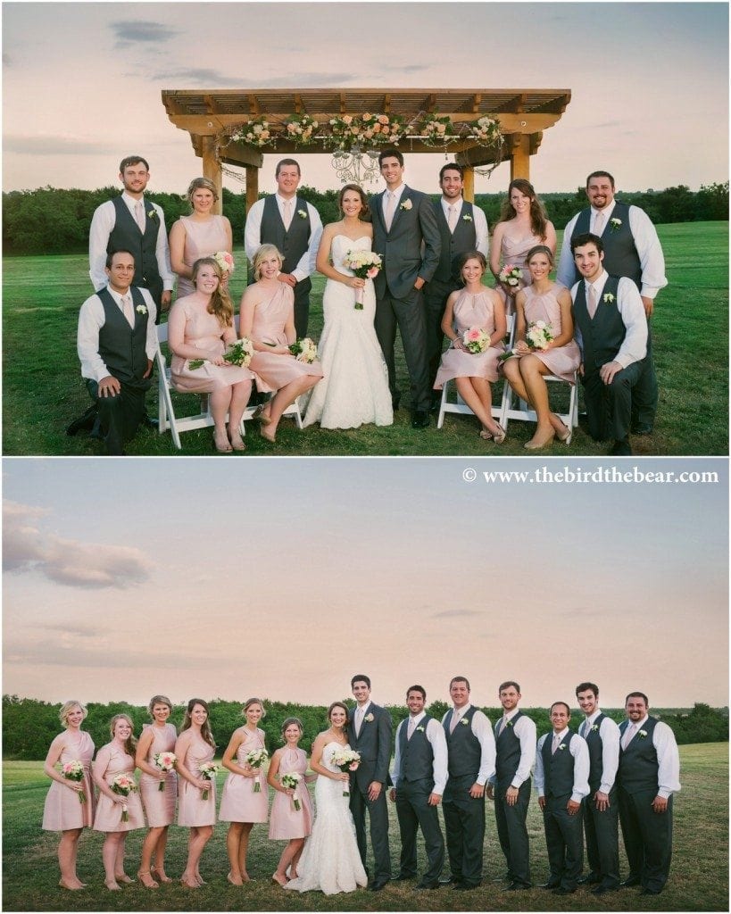 The bridal party smiles at the alter in Caldwell, TX at Royalty Pecan Farms.
