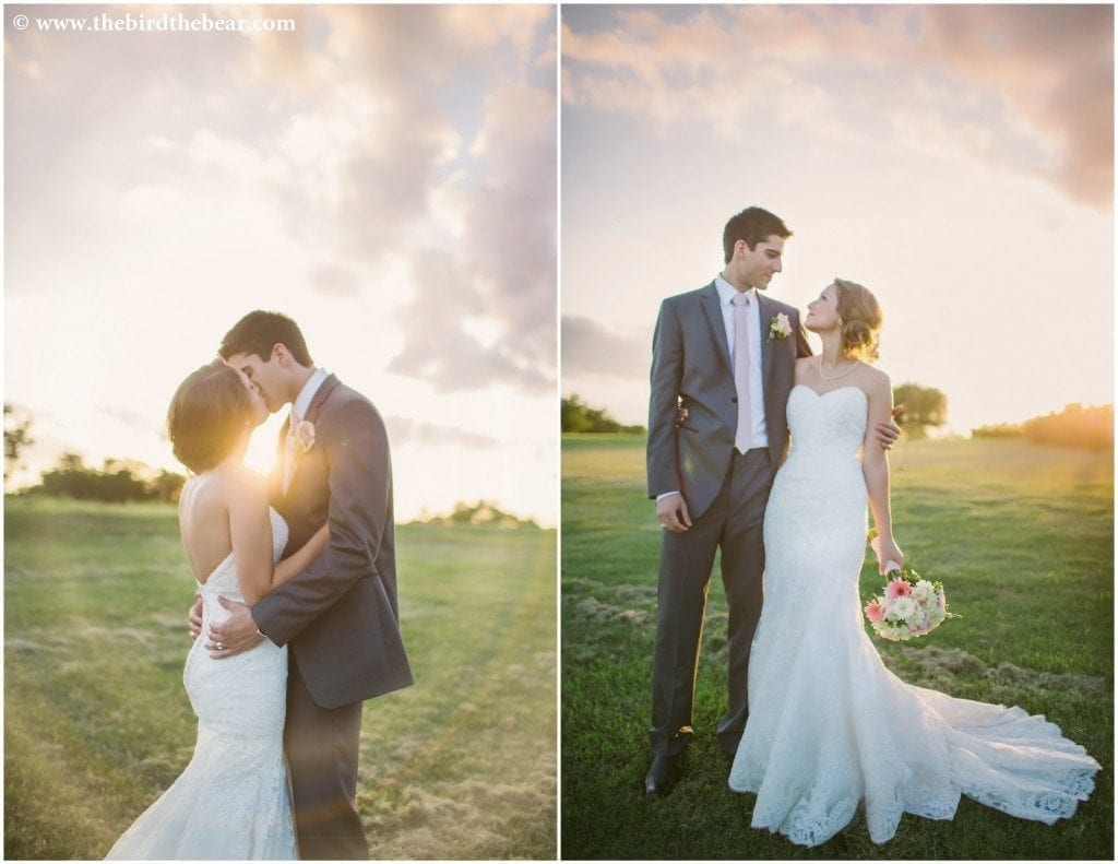 Bride and groom kiss at sunset at Royalty Pecan Farms.