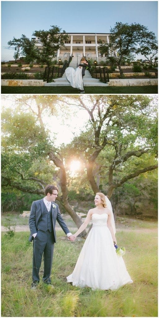 Bride and groom kiss at the bottom of the stairs that lead up to the house at Kendall Plantation.