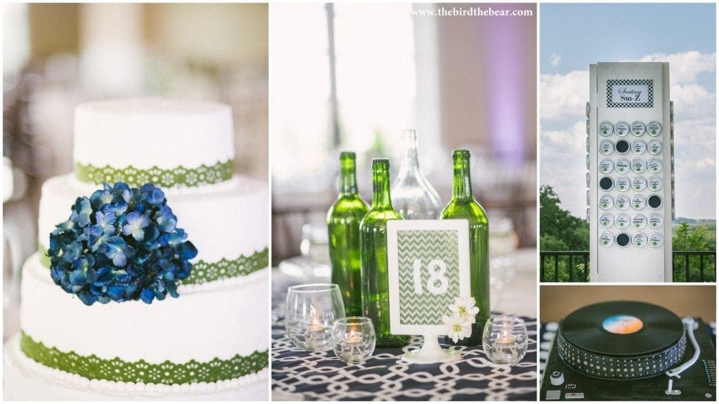 Wedding cake with green ribbon and blue flower.