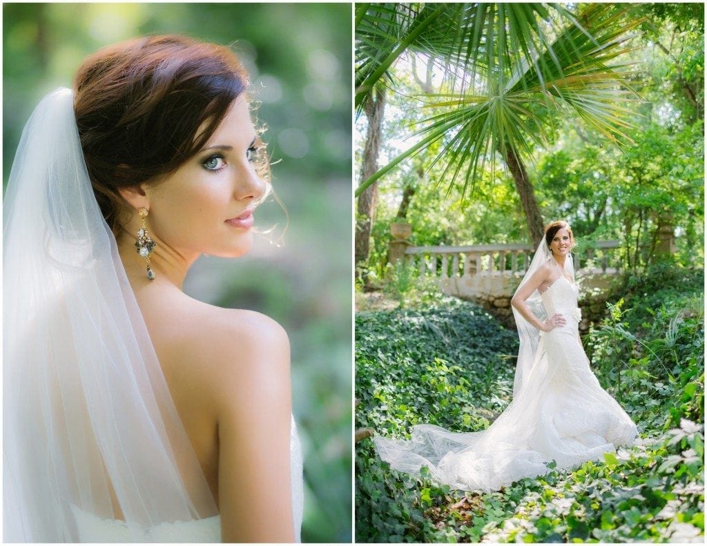 Bride looks over her shoulder at her Laguna Gloria wedding.