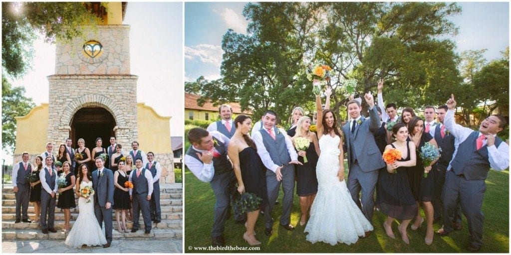Bridal party on the steps of the chapel at Camp Lucy in Dripping Springs.