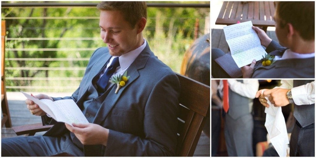 Groom receiving gift from the bride in the groom's suite at Camp Lucy.