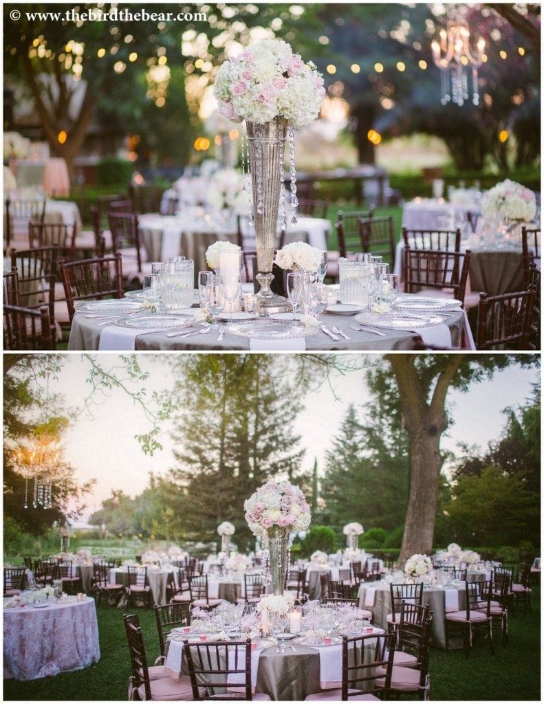Pink flowers sitting on the table at the bride and groom's evening reception at Park Winters.