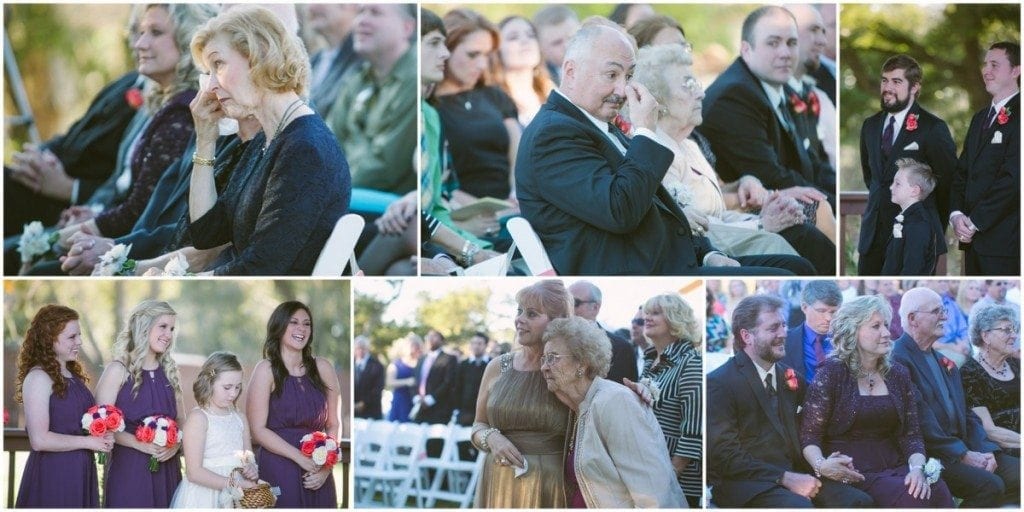Family of the bride and groom tear up watching the bride and groom say their vows.
