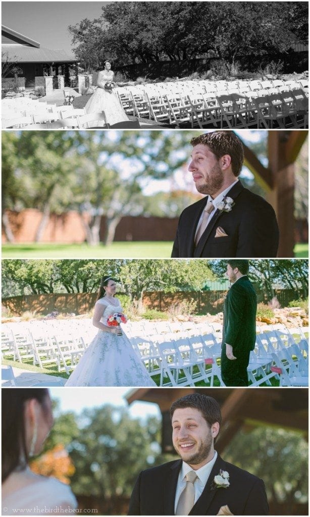 The bride and groom see each other for the first time on their wedding day during their "first look" at Gabriel Springs.
