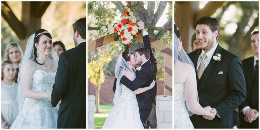 The bride and groom share their first kiss as a married couple under the gazebo at Gabriel Springs in Georgetown, TX.