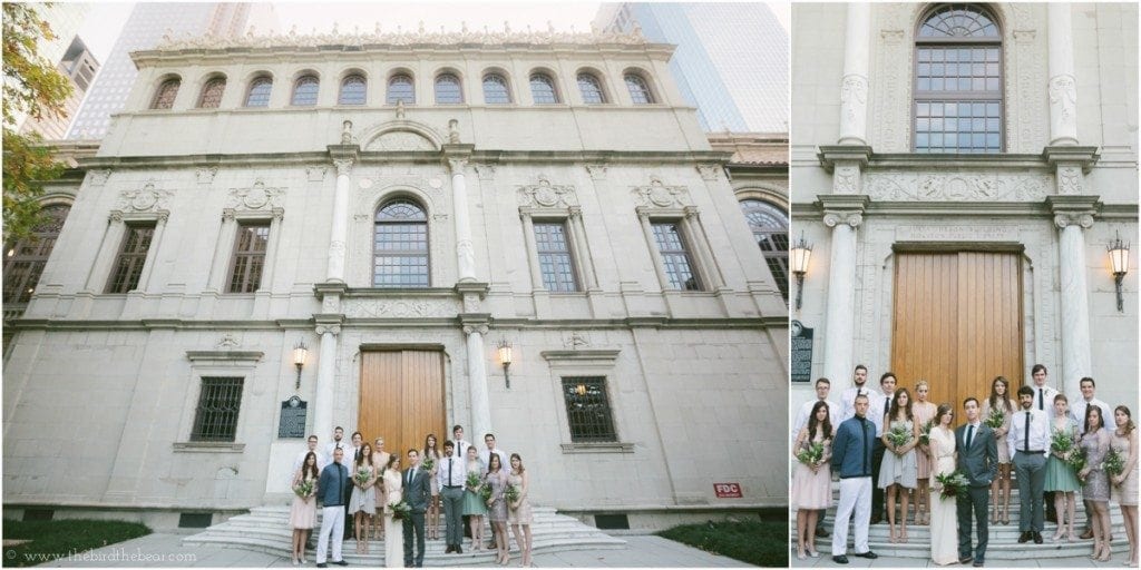 The bridal party stands on the steps of the Julia Ideson Library before the bride and groom's Houston wedding.