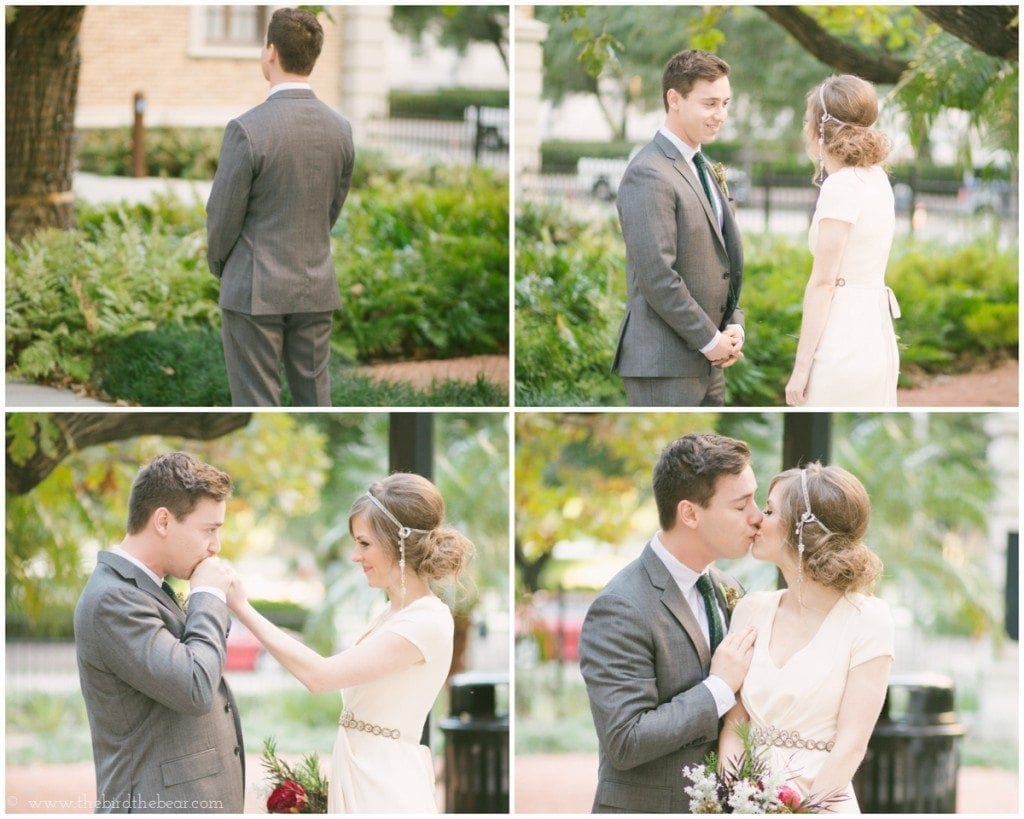 The bride and groom see each other for the first time on their wedding day at the Julia Ideson Library.