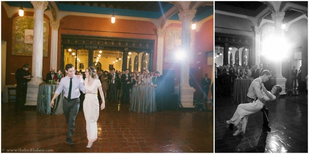 The bride and groom share their first dance has husband and wife at the Julia Ideson Library.