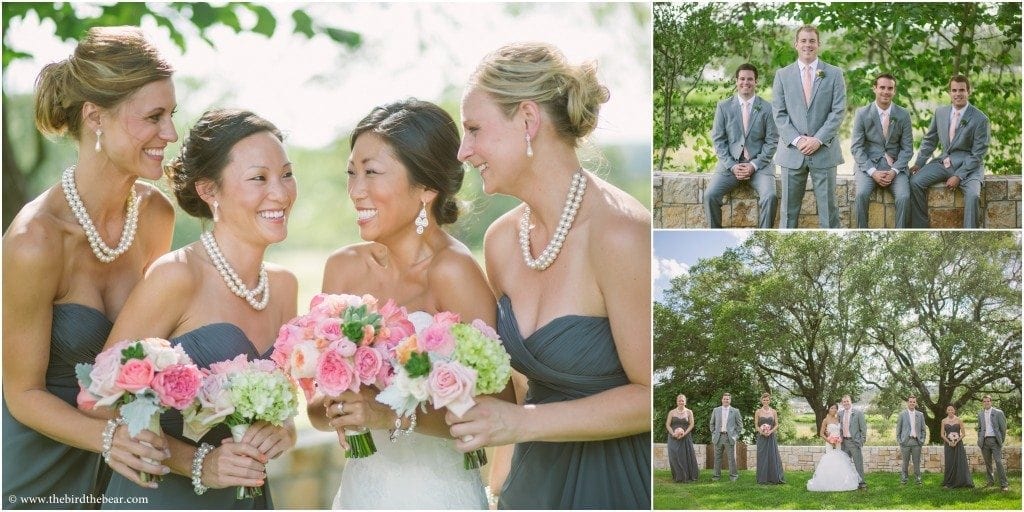 Bridesmaids and Groomsmen laugh together in Driftwood Texas.