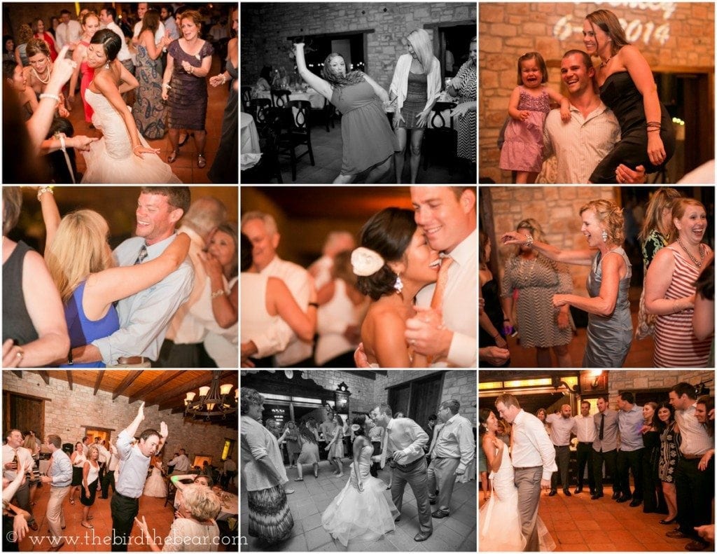Wedding guests dancing in the reception hall after the wedding ceremony.