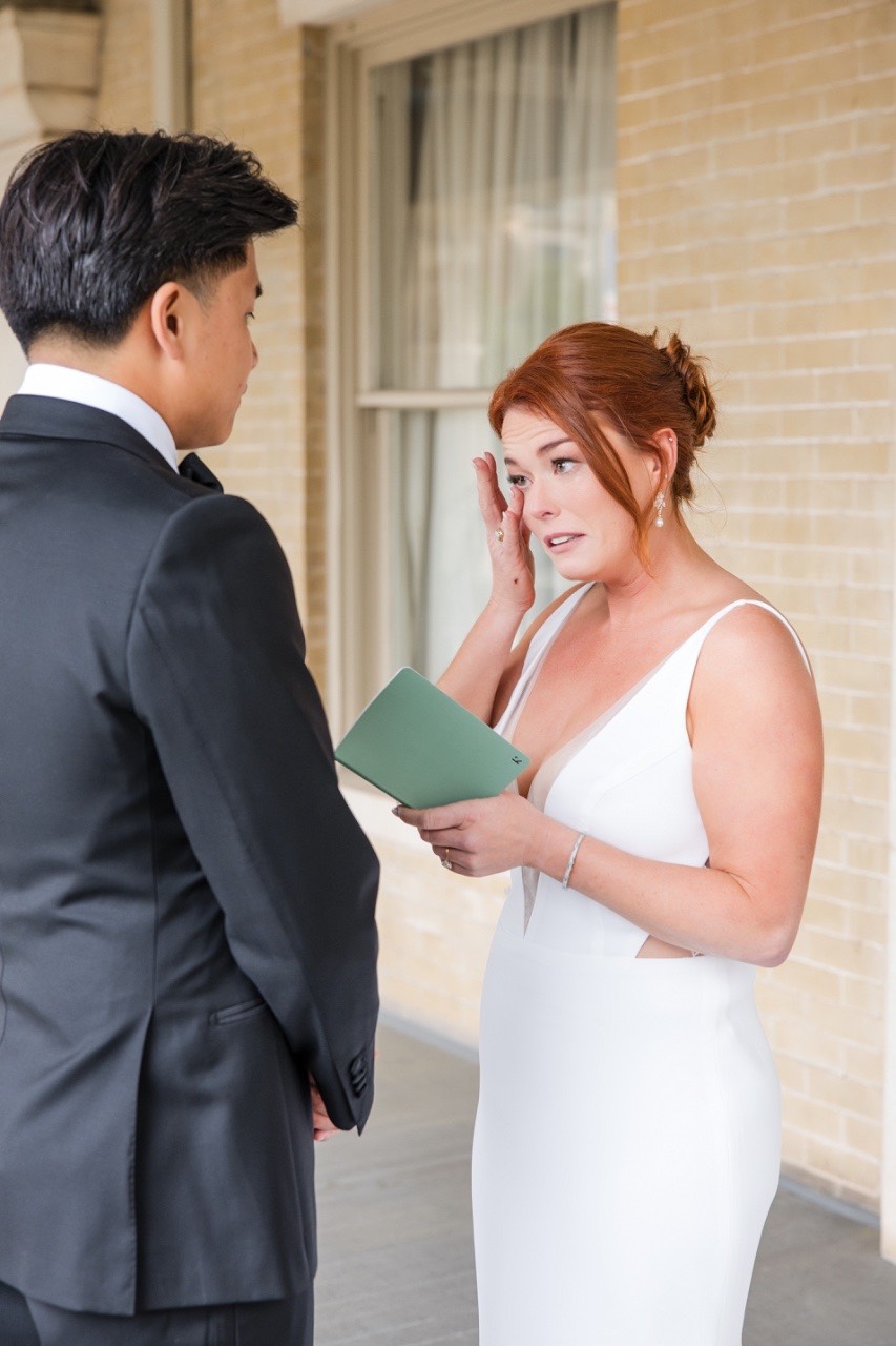 Emotional first look photo at Hotel Ella in Austin