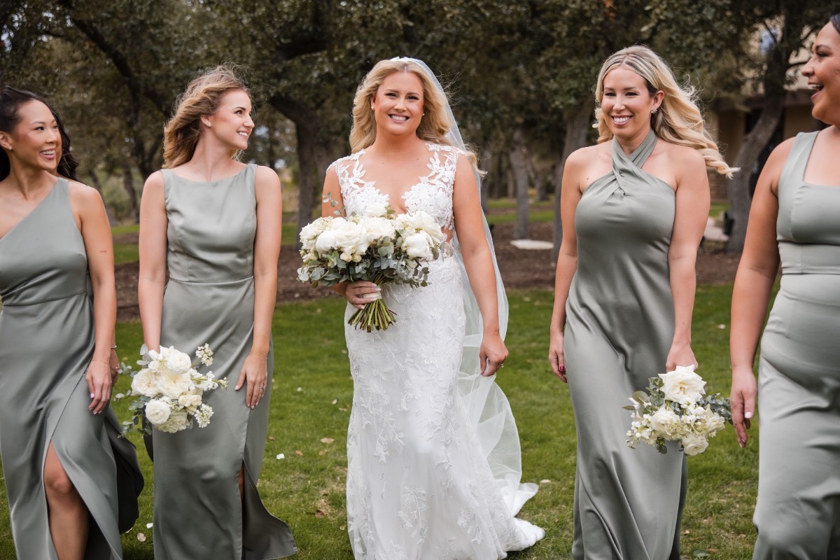 Bride descending stairs for first look at Canyonwood Ridge outdoor venue