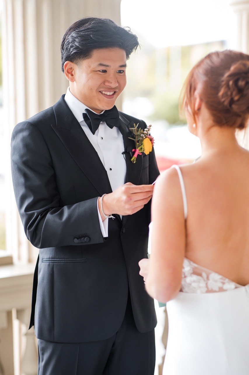 Groom seeing bride for first time at Hotel Ella wedding