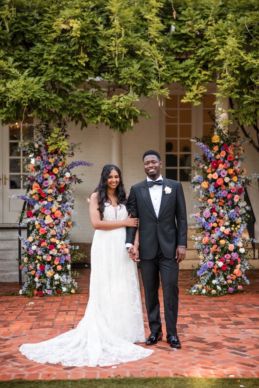 N and H couple portrait in gardens at Woodbine Mansion Round Rock