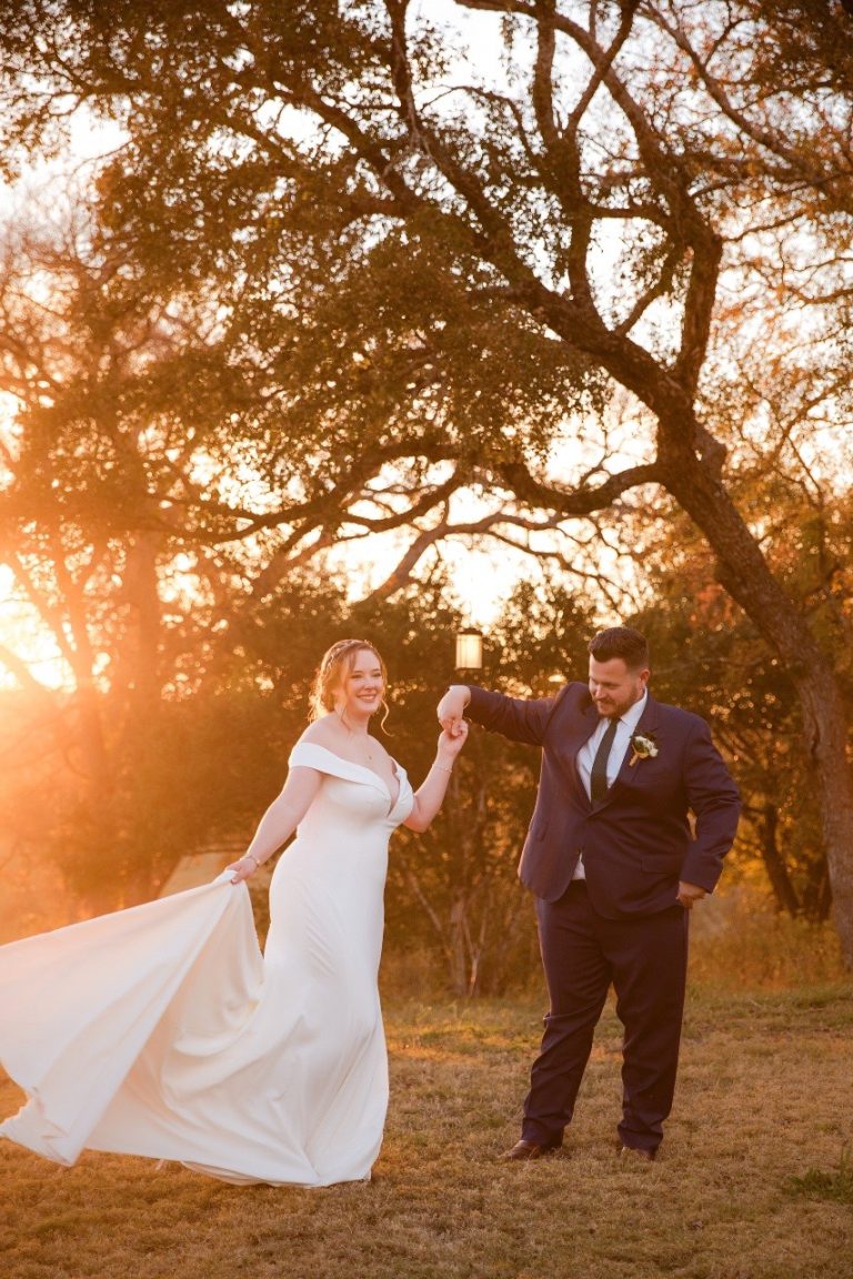 Final portraits of newlywed couple at sunset at Highpointe Estate in Liberty Hill.