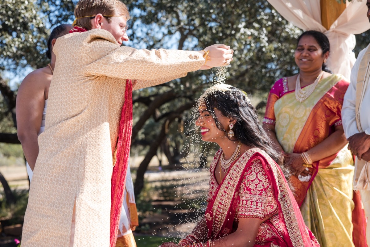 Bride Sreya with bridesmaids at Two Hearts One Stream wedding venue