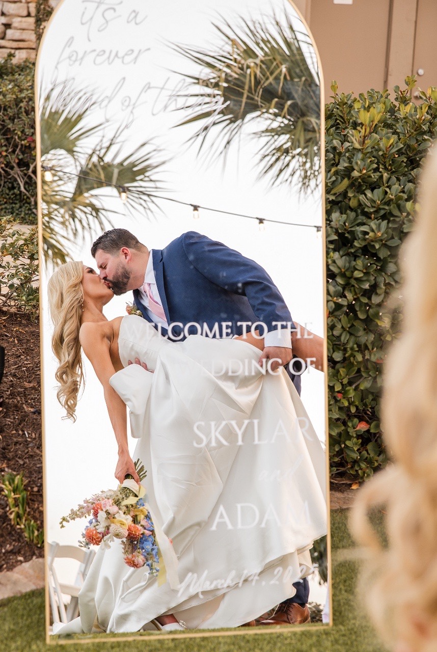Groom S and bride A laugh together at Horseshoe Bay Resort