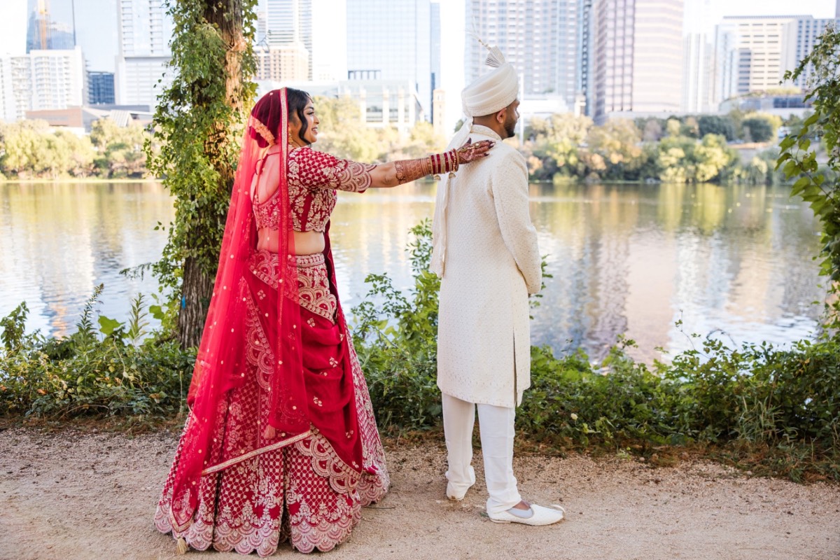 Bride and groom laughing during portrait session at Hyatt Regency Austin