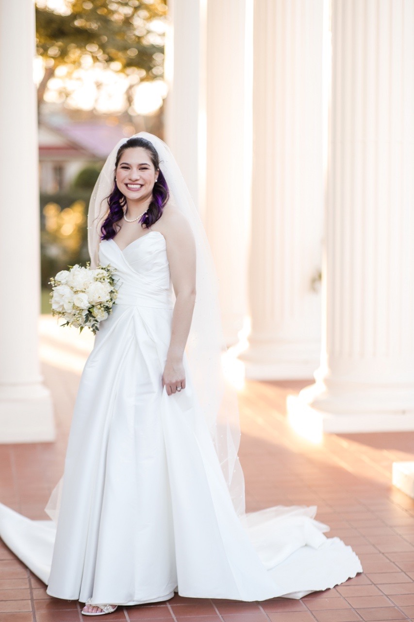 Bride and groom portrait with Woodbine Mansion architecture in background