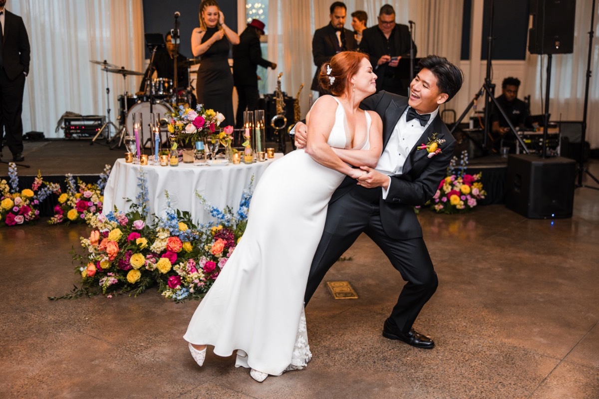 Bride and groom laughing during Hotel Ella wedding portrait session
