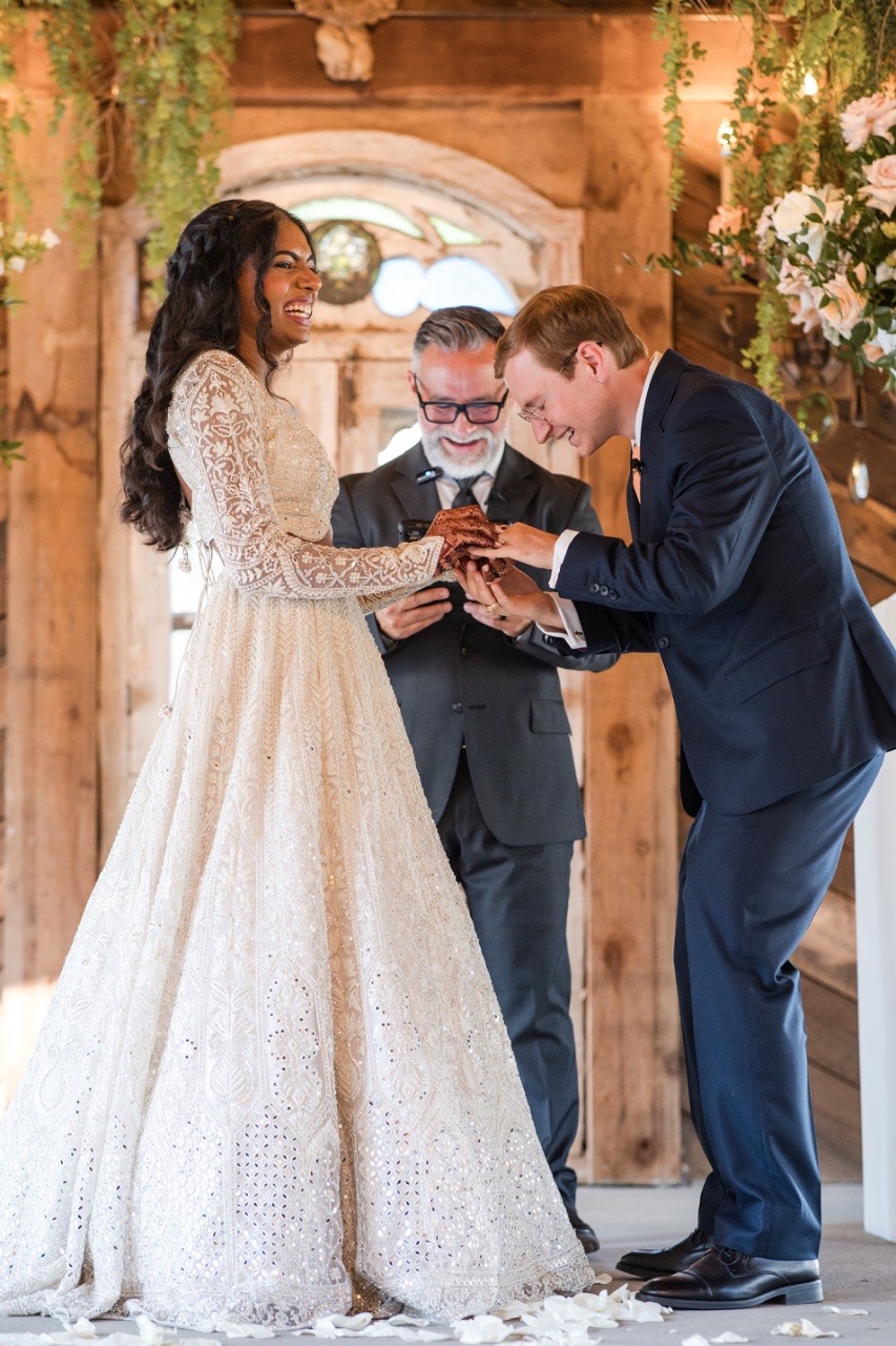 Bride Sreya and groom Colton formal portrait at ranch venue