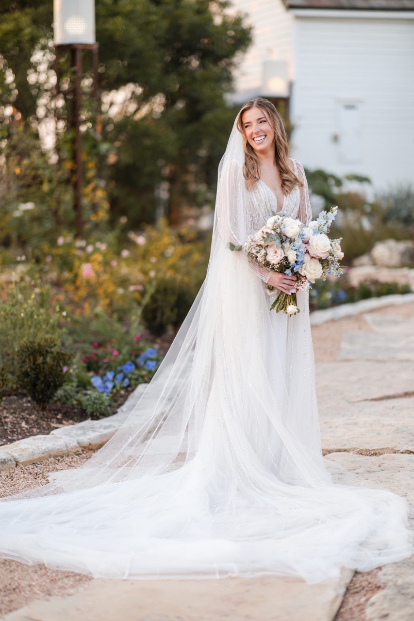 Winter wedding day portrait of newlyweds at historic Barr Mansion venue.
