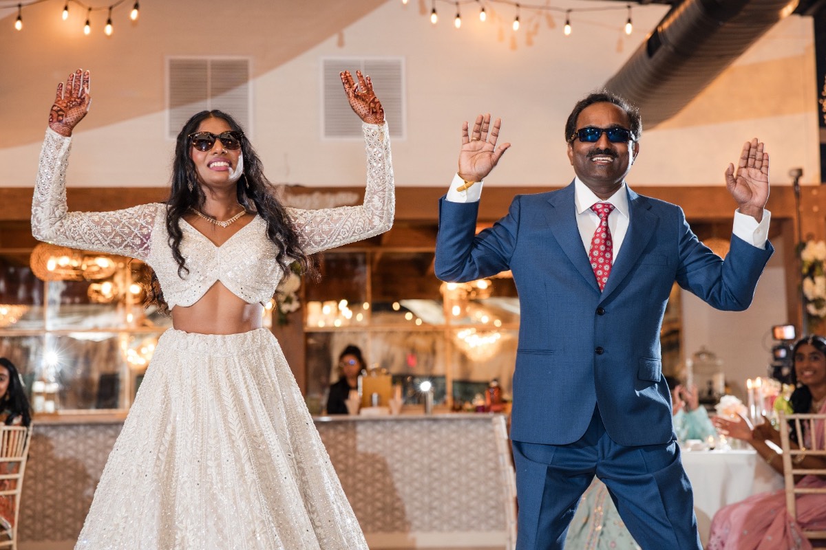 Reception entrance for bride and groom Sreya and Colton at venue