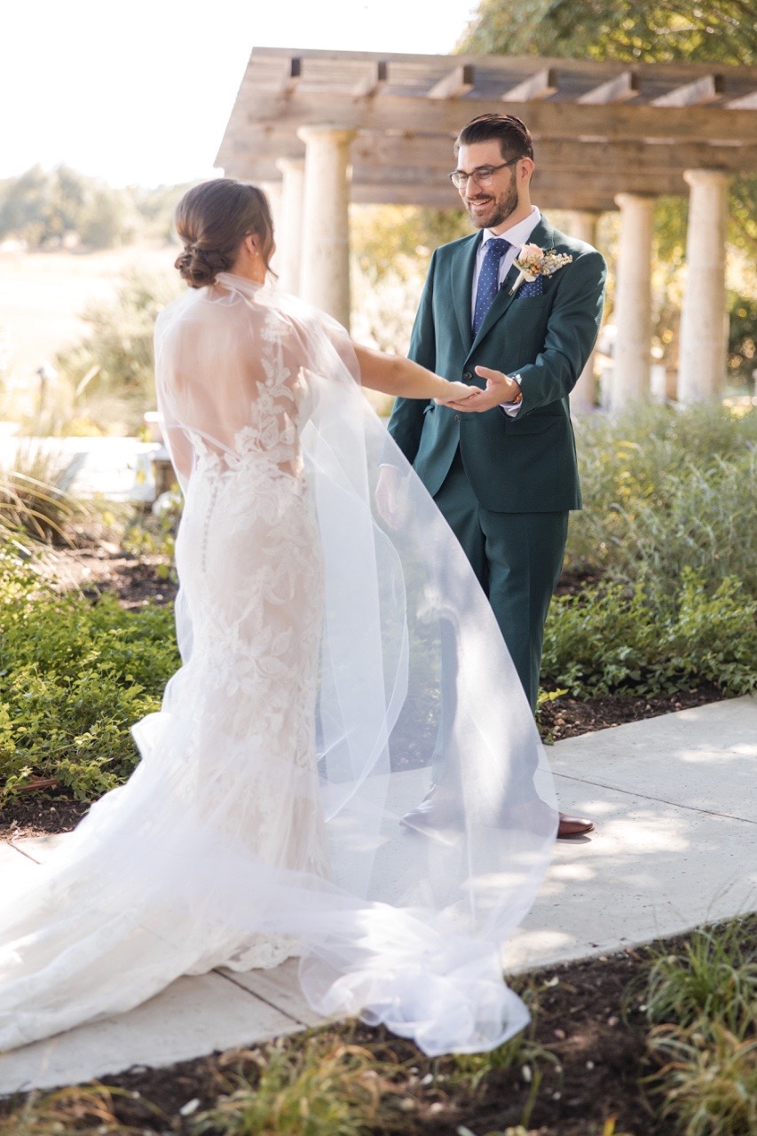 D and J first look moment photographed at Garey House Texas