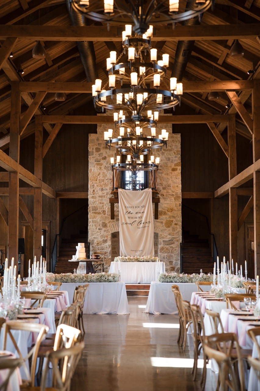 Panoramic view of Hidden River Ranch decorated for P and B's wedding
