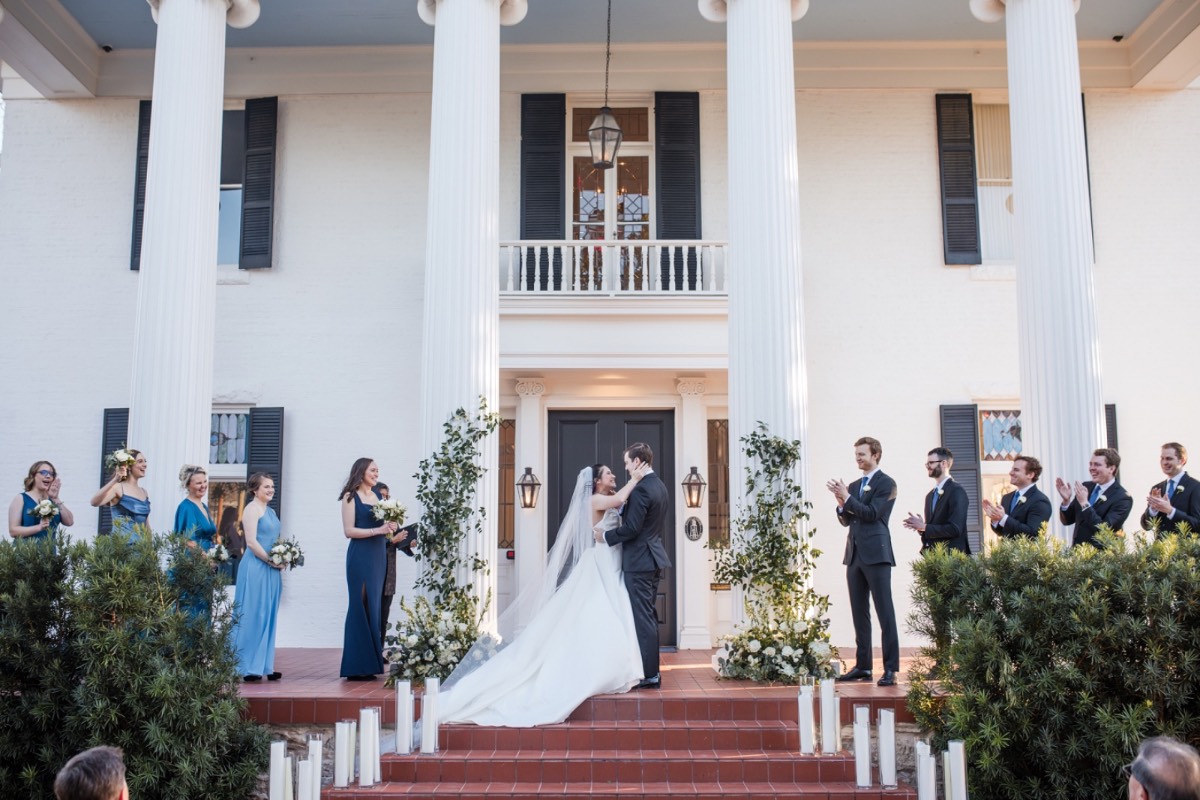 Send-off portrait of J and R leaving Woodbine Mansion wedding