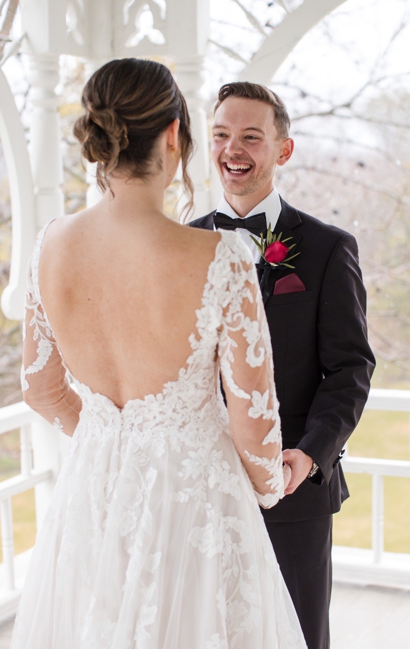 Hair styling details for bride at rainy Barr Mansion wedding.