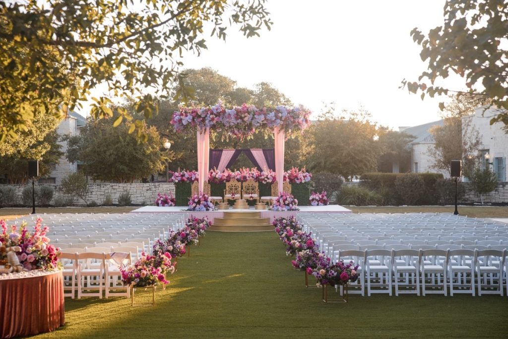 Indian wedding Mandap on the wedding lawn of Hyatt hill country resort in San Antonio